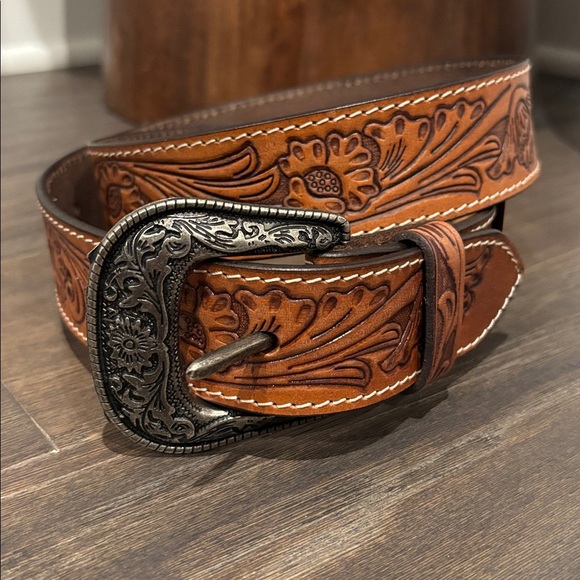 Montauk Leather Accessories - Montauk Genuine Leather Tooled Western Rodeo,filigree buckle,single stitch edge